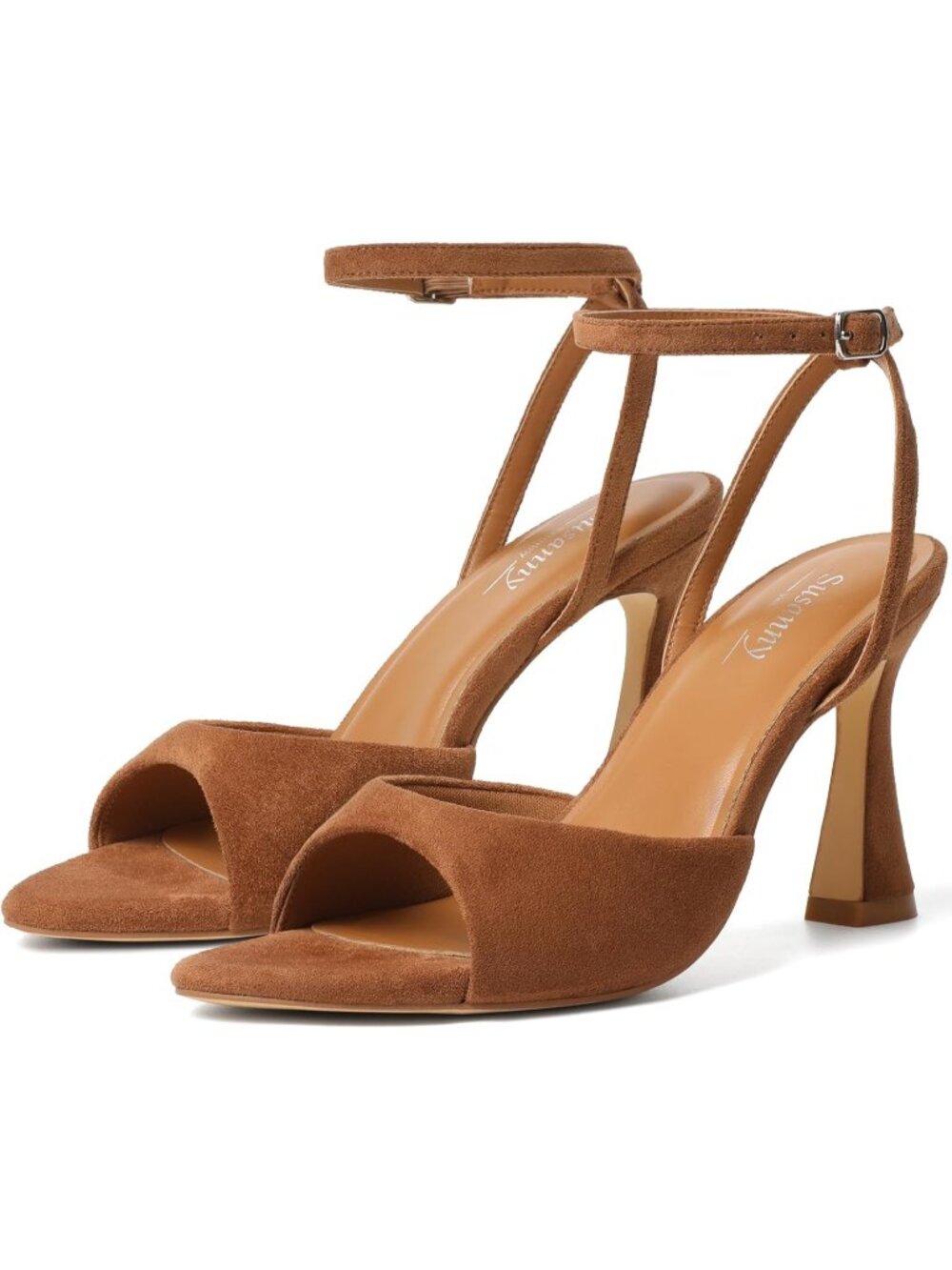 Women's Caramel Brown Chunky Ankle Stiletto Kitten Pointed Heeled Sandals